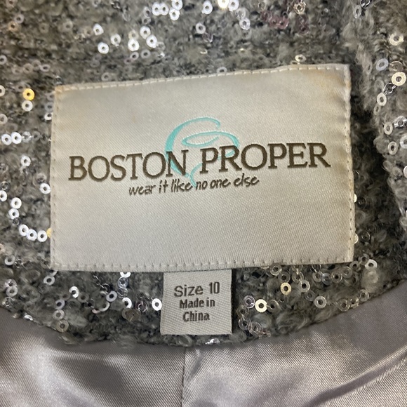 Boston Proper grey silver sequin jacket with ribbon belt - Picture 3 of 14